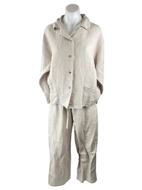 Amour Linen Women's Beige Long Sleeve Button Down Pajama Two Piece Set Size M